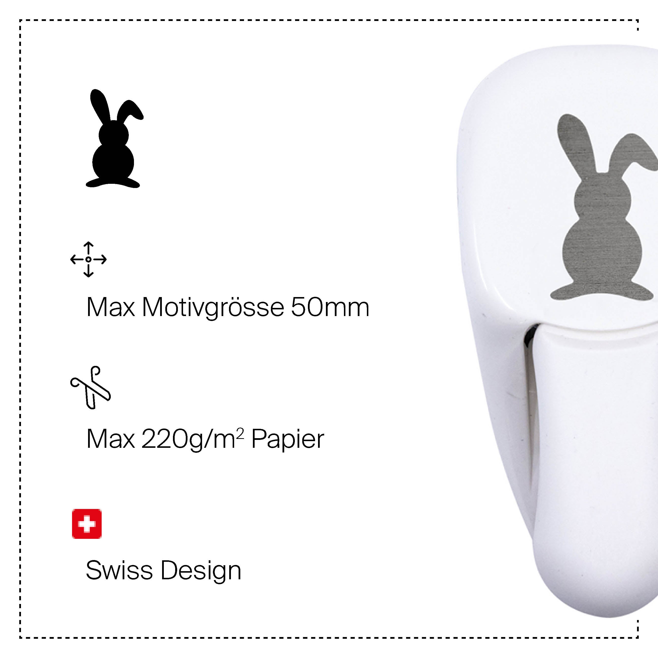 Der Artoz Papier AG Stanzer M Osterhase ist ein weißer Stanzer mit einer schwarzen Hasensilhouette, perfekt für Bastelpapier Osterdeko. Er stanzt 50mm große Hasenmotive auf Papier bis 220g/m². Mit Schweizer Design, mit Hasen-, Scheren- und Schweizer Flaggensymbolen.