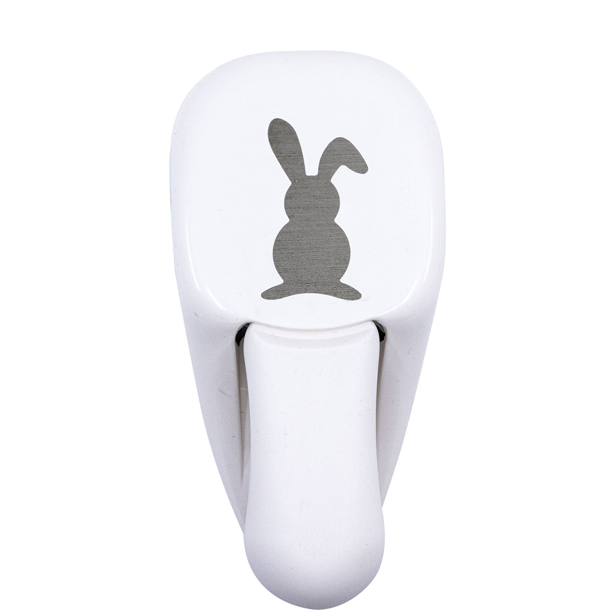 Der Artoz Papier AG Stanzer M Osterhase ist ein weißer Stanzer mit einer Metallplatte auf der Oberseite, die eine Kaninchensilhouette zeigt - perfekt zum Schneiden von Formen aus Bastelpapier Osterdeko oder für Karten basteln Ostern.