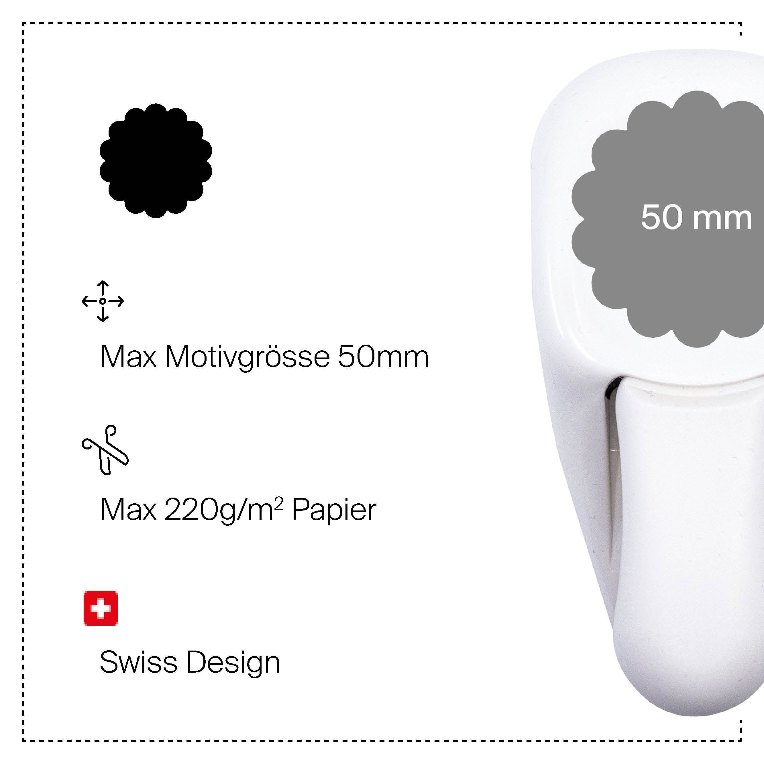 La perforatrice artisanale Artoz Papier AG Stanzer M Wellen-Kreis crée une découpe florale de 50 mm, idéale pour le papier bastel jusqu'à 220 g/m². Caractéristiques Max Motivgröße 50mm, Max 220g/m² Papier, Swiss Design et une icône de drapeau suisse.