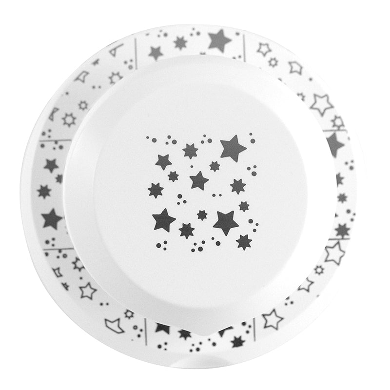 Deux assiettes blanches d'Artoz Papier AG, avec des motifs d'étoiles noires - l'une avec des étoiles en bordure, l'autre avec une grappe centrale - inspirent des projets créatifs ou des cartes utilisant la perforatrice Fliegender Stanzer Sterne.