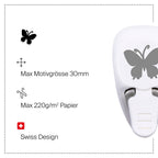 L'Artoz Papier AG Stanzer S Schmetterling présente un motif papillon blanc, une taille de motif de 30 mm, fonctionne avec du papier jusqu'à 220 g/m² et est de conception suisse - idéal pour les Karten gestalten et les projets créatifs.