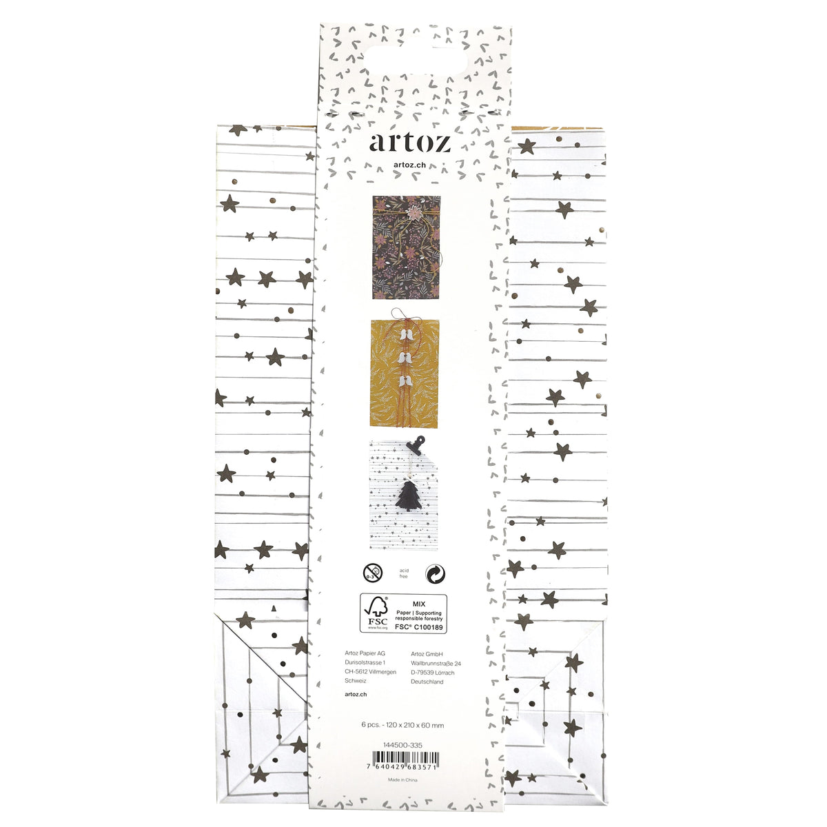 Ein Set mit der Bezeichnung „6er-Set Papiertüten Winterdesign in verschiedenen Farben“ von Artoz Papier AG weist einen weißen Hintergrund mit schwarzen Sternen und Linien auf. In kleinen Kästchen sind drei Musterdesigns abgebildet, und darunter sind Produktdetails – darunter die Verwendung von FSC-zertifiziertem Papier – aufgeführt.