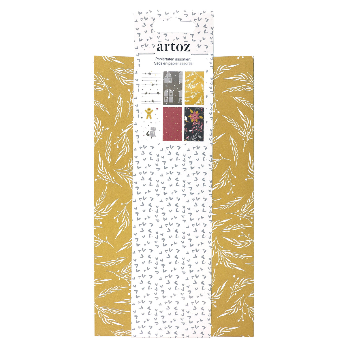 Ein Set aus sechs Papiertüten mit Wintermotiven in verschiedenen Farben von Artoz Papier AG, hergestellt aus FSC-zertifiziertem Papier.