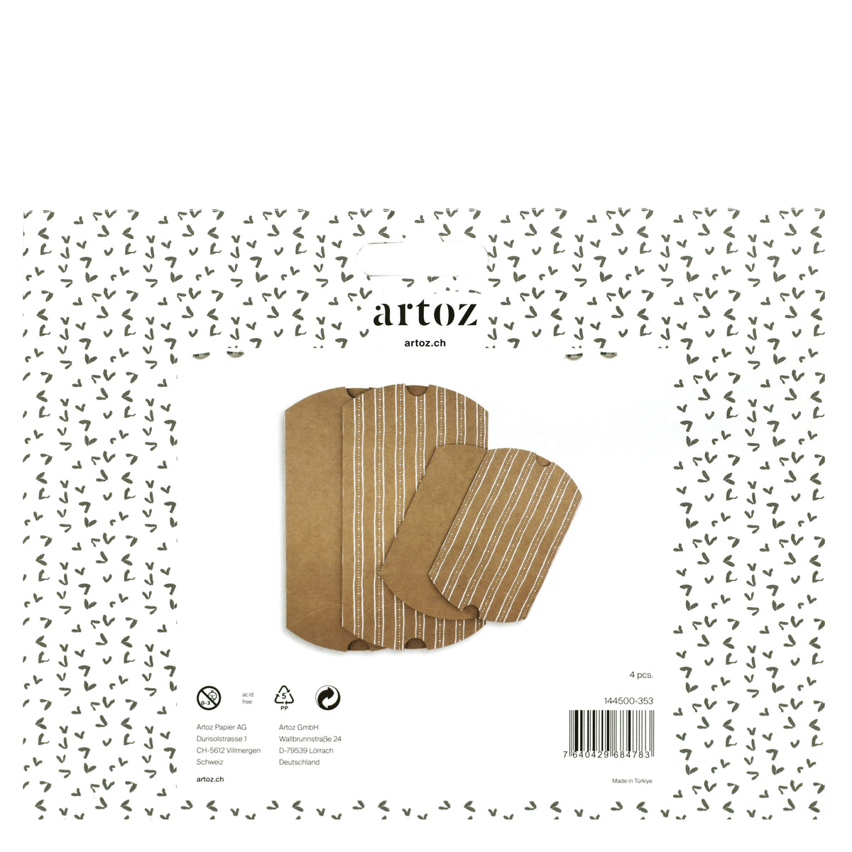 Ein Set der „Faltschachteln Kraft“ von Artoz Papier AG enthält zwei braune Papiertüten mit weißen Streifen vor einem festlichen Hintergrund mit weiß-grünem Blattmuster – ideal für Weihnachtsgeschenke. Dieses Geschenkverpackungs-Set enthält vier Stück, wie auf der Verpackung angegeben.