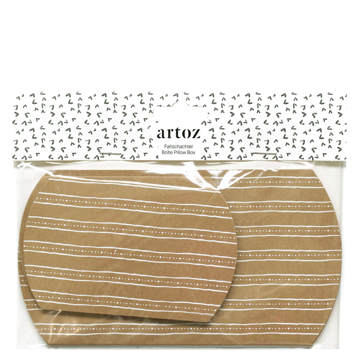 Ein Set aus zwei flachen, ovalen Kraftpapier-Kissenboxen mit weißen Querstreifen, verziert mit einem dekorativen schwarz-weiß gemusterten Aufsatz mit dem Aufdruck „Artoz Papier AG“. Das Set „Faltschachteln Kraft“ eignet sich perfekt für festliche Anlässe wie Weihnachten.