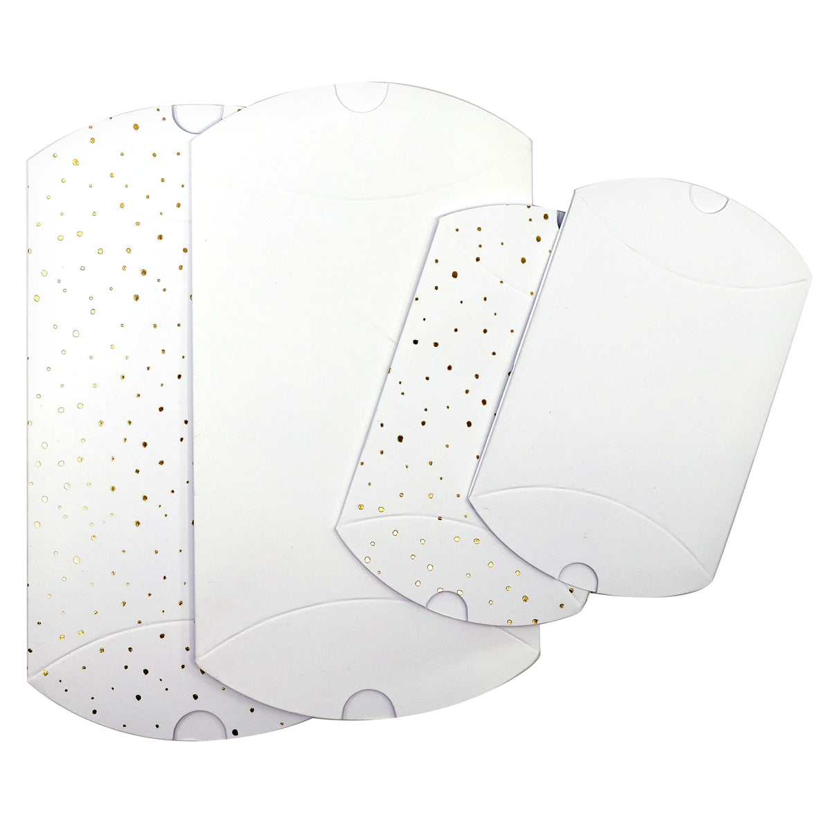 Quatre boîtes pliantes blanches « Noël avec des étoiles » de la marque Artoz Papier AG, de forme « pillow box », ornées d'étoiles dorées de différentes tailles, sont disposées les unes sur les autres sur un fond blanc — idéales comme emballages cadeaux élégants.