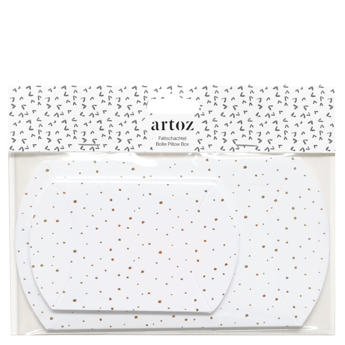 Deux boîtes pliantes blanches « Faltschachteln Weihnachten mit Sternen » de la marque Artoz Papier AG sont emballées dans un sachet en plastique transparent. Le motif de ces boîtes, qui se détache sur un fond blanc parsemé de petites formes abstraites noires, en fait des emballages cadeaux parfaits pour toutes les occasions.
