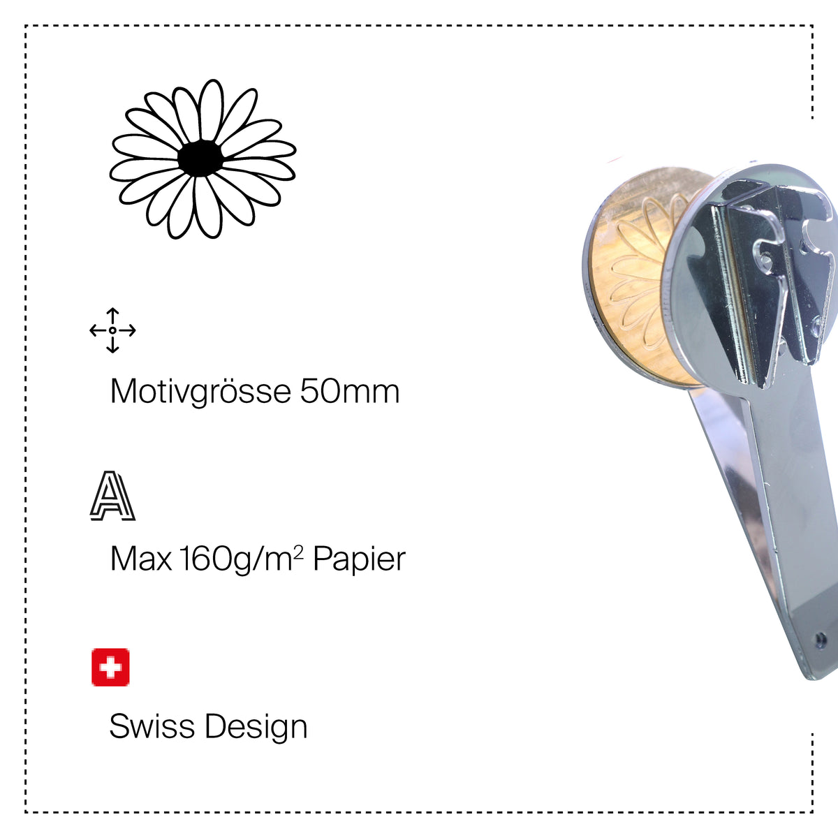 Tampon à gaufrer de rechange « Sujet Blume » de la marque Artoz Papier AG : un tampon à gaufrer en métal orné d'un motif de marguerite (Motivprägestempel) d'un diamètre de 50 mm, adapté au papier jusqu'à 160 g/m², et arborant l'icône du design suisse, le tout sur fond blanc.