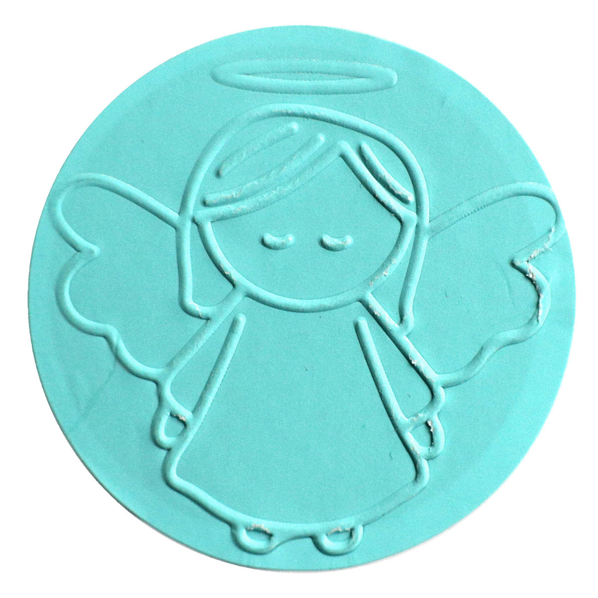 Apportez une touche délicate à vos cartes gaufrées ou à d'autres projets de bricolage grâce au tampon de gaufrage « Sujet Ange » d'Artoz Papier AG, qui présente un dessin au trait épuré représentant un ange aux ailes déployées, couronné d'une auréole et les yeux fermés, gaufré sur un fond rond bleu clair.