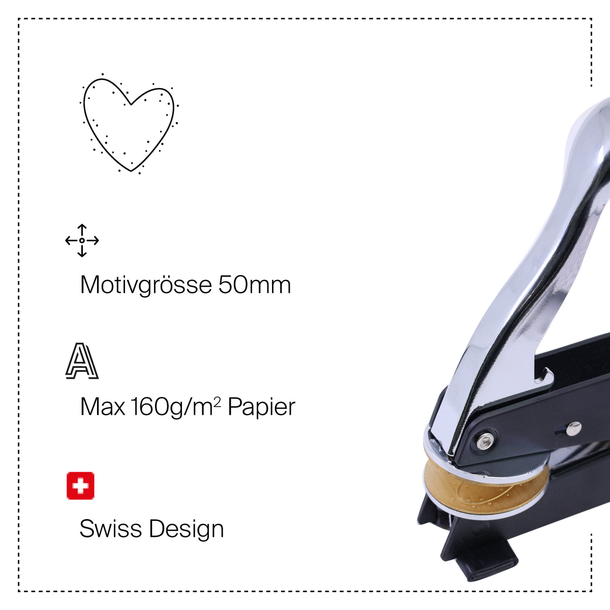 Découvrez le tampon à gaufrer « Motiv Herz » d'Artoz Papier AG : un outil de gaufrage en métal conçu sous la forme d'un motif en forme de cœur. Doté d'un motif de 50 mm et adapté à du papier jusqu'à 160 g/m², ce tampon à gaufrer de conception suisse présente des icônes claires sur fond blanc. Idéal pour vos projets de loisirs créatifs ou pour ajouter une touche de charme à vos créations grâce à ce tampon à gaufrer « Herz » !.