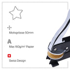 On voit ici un tampon à motif « étoile » de la marque Artoz Papier AG, muni d'un manche métallique. Le texte précise que le motif mesure 50 mm, que le tampon est compatible avec du papier d'un grammage allant jusqu'à 160 g/m² et met en avant son design suisse. On distingue également le contour du motif « Stern » et l'icône du drapeau suisse, ce qui en fait l'outil idéal pour ajouter des touches créatives à vos projets de bricolage.