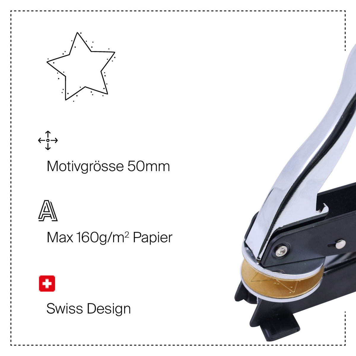 On voit ici un tampon à motif « étoile » de la marque Artoz Papier AG, muni d'un manche métallique. Le texte précise que le motif mesure 50 mm, que le tampon est compatible avec du papier d'un grammage allant jusqu'à 160 g/m² et met en avant son design suisse. On distingue également le contour du motif « Stern » et l'icône du drapeau suisse, ce qui en fait l'outil idéal pour ajouter des touches créatives à vos projets de bricolage.