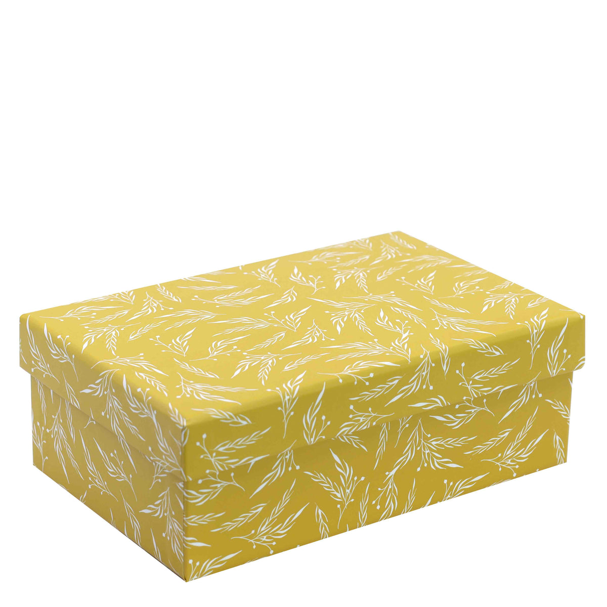 La boîte-cadeau « Pure M » rectangulaire de Noël jaune d'Artoz Papier AG est une boîte-cadeau rectangulaire jaune dotée d'un couvercle ajusté, magnifiquement décorée d'un motif de feuilles blanches sur tous les côtés, sur fond blanc uni.