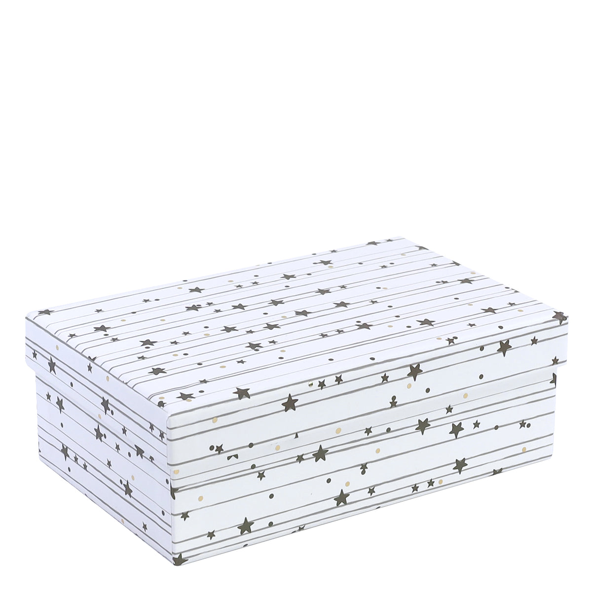La boîte-cadeau « Pure M » rectangulaire au motif de Noël « Étoiles » d'Artoz Papier AG est une boîte-cadeau blanche rectangulaire dotée d'un couvercle, ornée d'étoiles noires, de pois dorés et de fines lignes horizontales noires. Fabriquée à partir d'un carton solide, cette boîte festive et résistante est idéale pour présenter des cadeaux de fin d'année exceptionnels.