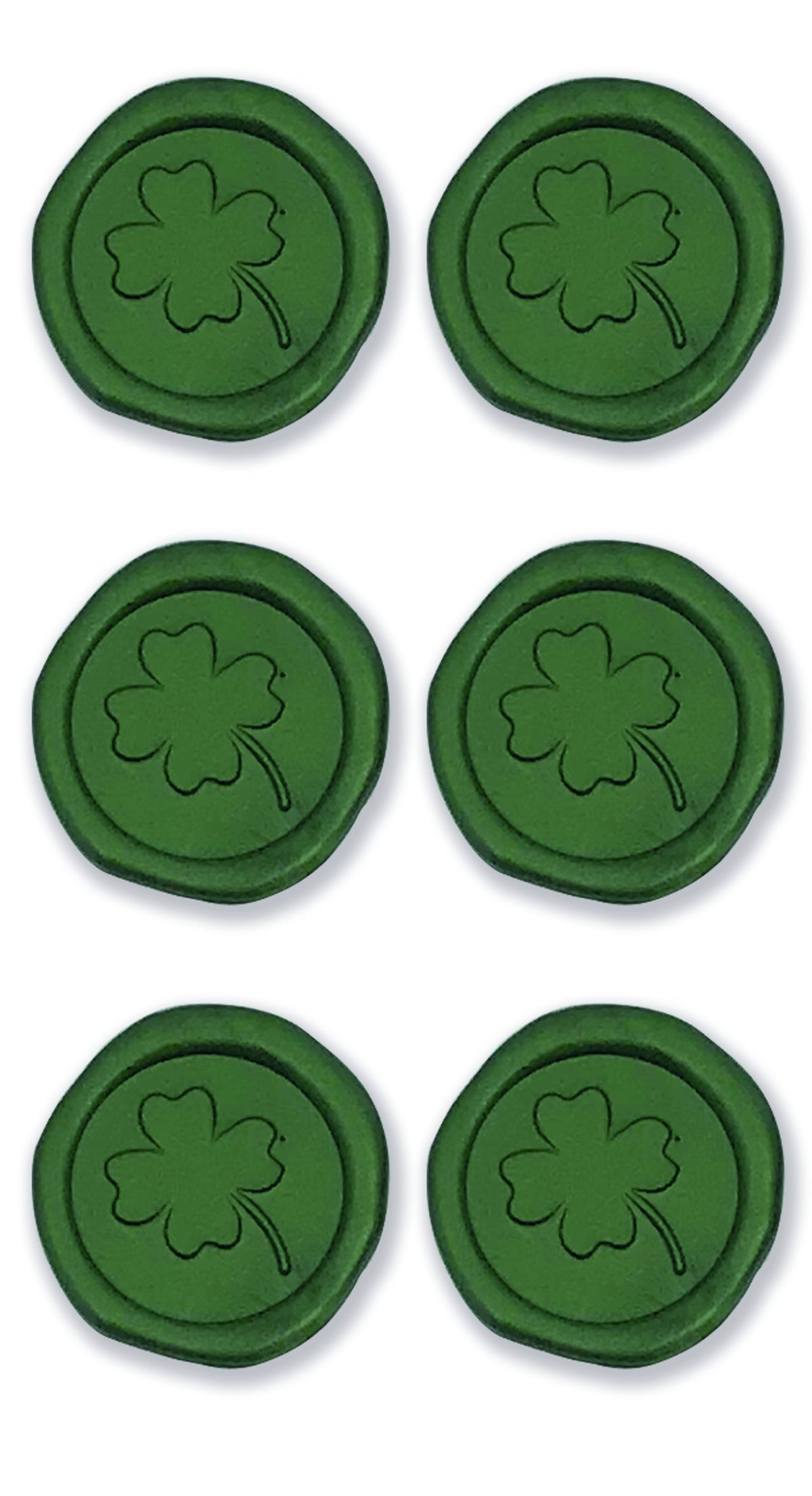 Six autocollants circulaires verts Artoz Wachssiegel-Sticker "Kleeblatt" d'Artoz Papier AG, chacun avec un trèfle à quatre feuilles en relief, disposés en deux rangées de trois - des accents idéaux pour les Geschenkverpackung ou les projets créatifs Basteln.