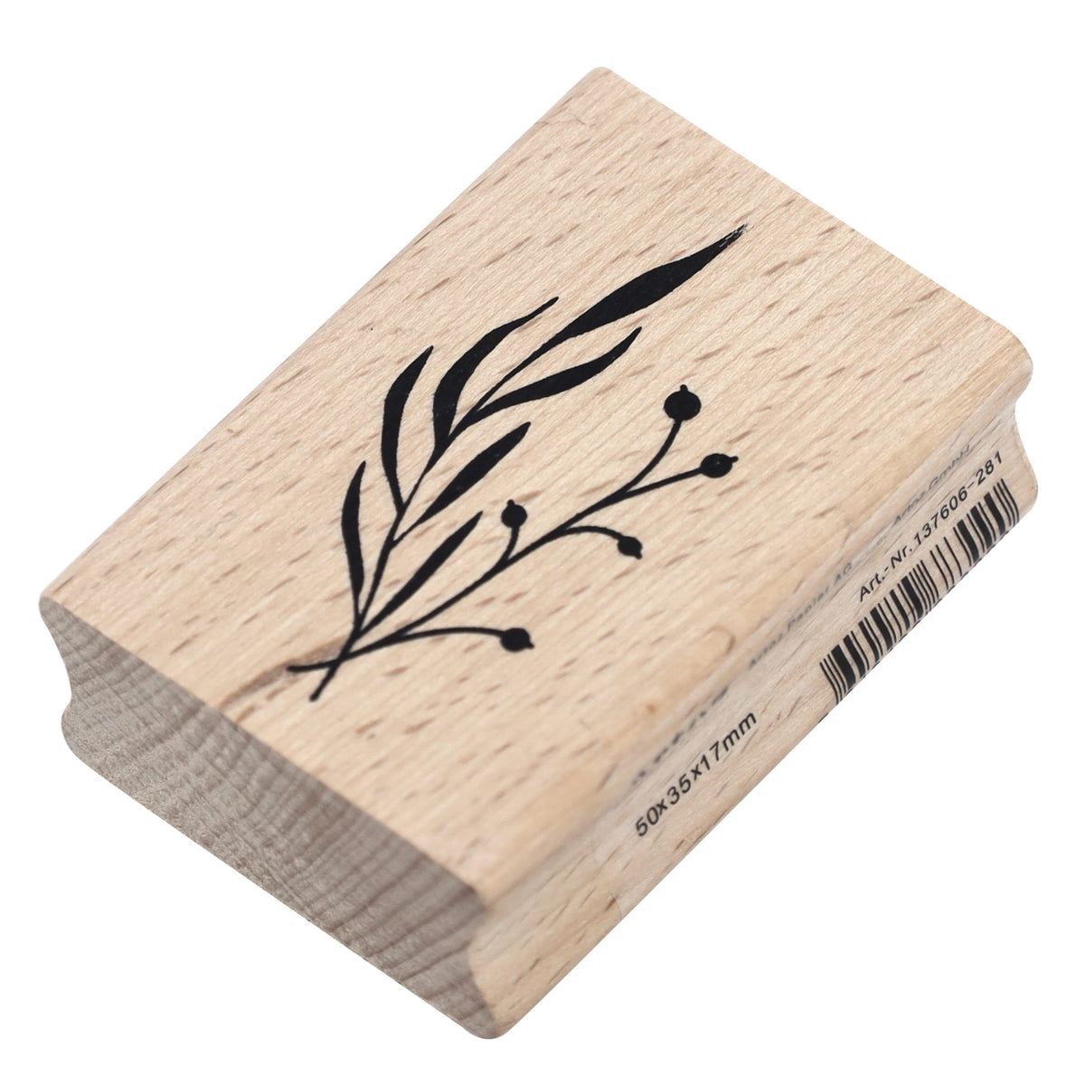 Le tampon « Floral Winter » d'Artoz Papier AG est un tampon en bois orné d'un motif botanique noir composé de feuilles et de petites baies – idéal pour vos projets de bricolage ou pour apporter une touche charmante à vos compositions florales hivernales. Un code-barres et des indications numériques sont imprimés sur le côté.