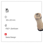 On voit ici un tampon en bois intitulé « Stempel Geschenk klein » de la marque Artoz Papier AG, orné d'une icône représentant un coffret cadeau — idéal comme tampon en bois « Geschenk » pour les travaux de bricolage. Le texte sur fond blanc indique « 20 x 20 mm », « FSC®-Zertifiziert » et « Swiss Design », accompagné des icônes correspondantes.