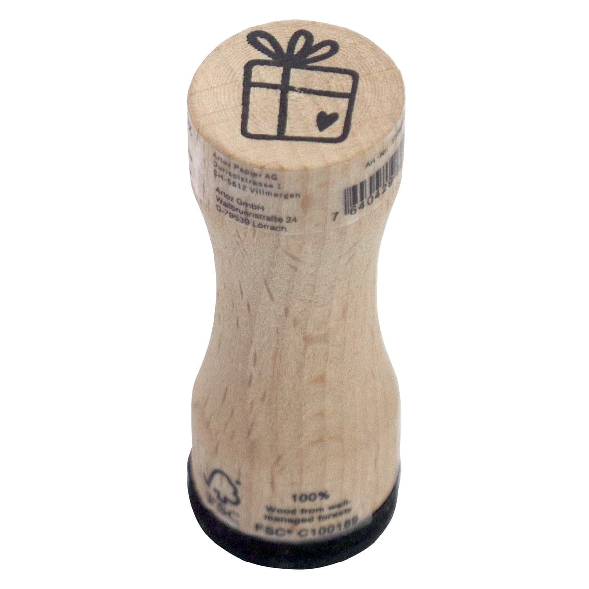 Le tampon « Artoz Papier AG Stempel Geschenk klein » est un tampon en bois muni d'un manche, sur la surface d'impression duquel figure le contour noir d'un coffret cadeau orné d'un nœud et d'un petit cœur — idéal pour votre prochain projet de loisirs créatifs.