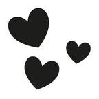 Drei schwarze Herzen in verschiedenen Größen aus dem Artoz Papier AG Stempel "kleine Herzen" Set sind auf weißem Hintergrund verstreut - ideal für Bastelarbeiten oder den kreativen Einsatz mit Ihrem Holzstempel.