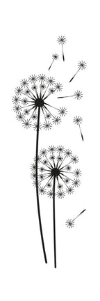 Schwarz-weiß Stempel Pusteblume von Artoz Papier AG: zwei Pusteblumen mit Samen, die im Wind wehen, ideal für Bastelarbeiten oder als Holzstempel-Design auf Einladungskarten. Weißer Hintergrund.