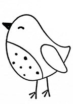 Einfache schwarz-weiße Strichzeichnung eines Stempel Vogels von Artoz Papier AG, mit rundem Körper, kleinem Schnabel, geflecktem Bauch, geschlossenem Auge, einem Flügel und zwei dünnen Beinen - ideal für Bastelarbeiten oder als Holzstempel-Design.