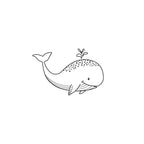 Un simple dessin au trait en noir et blanc d'une baleine souriante avec un bec d'eau, inspiré par Bastelarbeiten, figure sur le Stempel Wal d'Artoz Papier AG, centré sur un fond blanc uni.