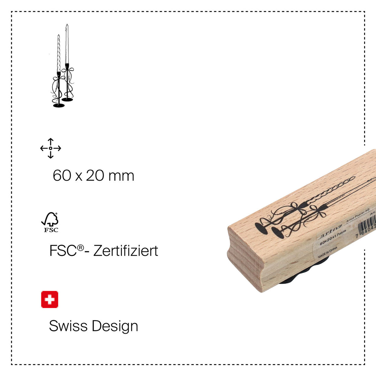 Le « Stempel Kerzen » d'Artoz Papier AG est un tampon en bois certifié FSC représentant une bougie, idéal pour les travaux manuels et les projets créatifs de bricolage avec des tampons en bois. Mesurant 60 x 20 mm, ce tampon de conception suisse est partiellement visible à droite sur un fond blanc, accompagné d'icônes et d'un texte mettant en avant ses caractéristiques.