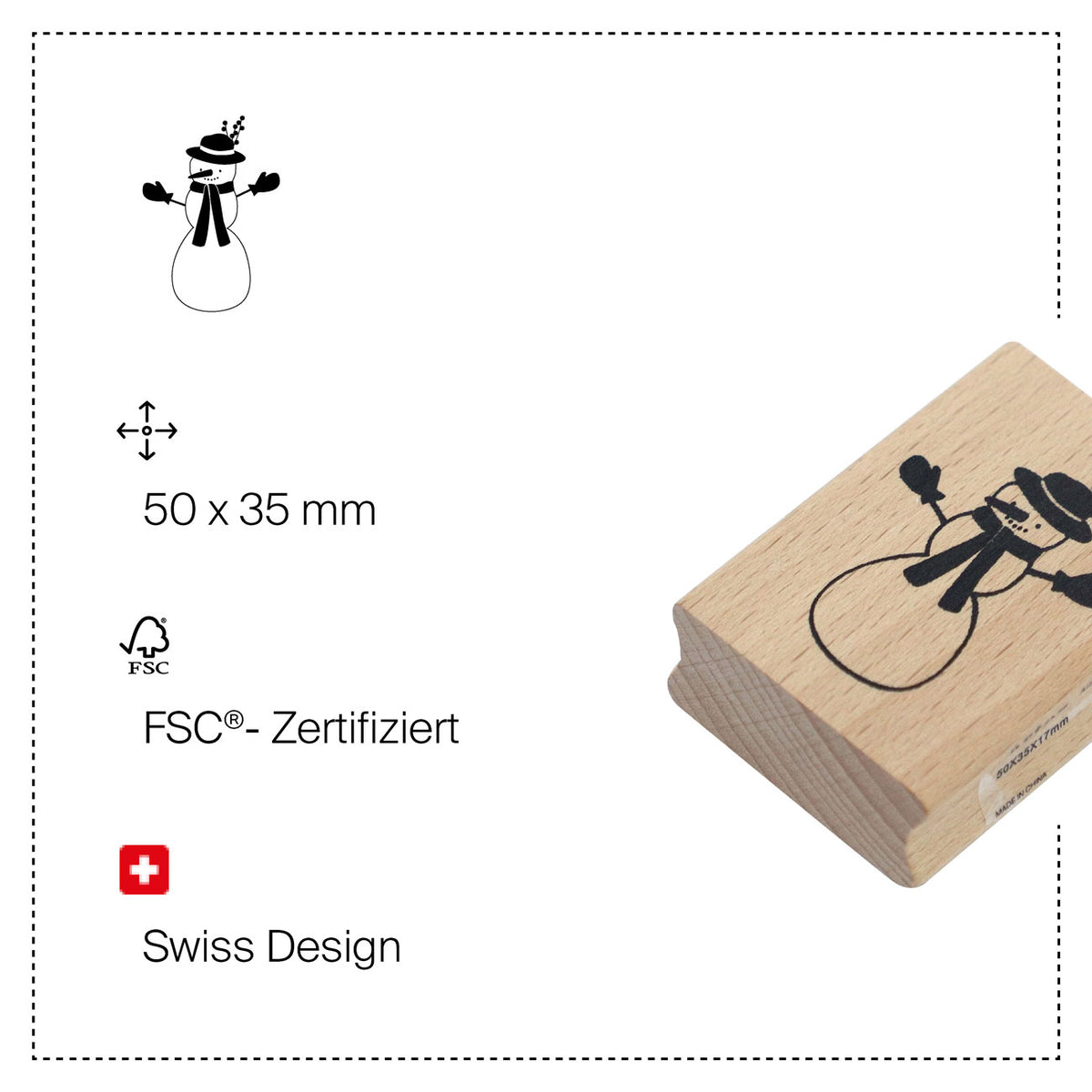 Der Stempel „Schneemann“ von Artoz Papier AG ist ein Holzstempel im Format 50 x 35 mm, der aus FSC-zertifiziertem Buchenholz gefertigt ist und eine bezaubernde Schneemann-Motiv auf weißem Hintergrund zeigt. Dieser charmante Stempel mit der Aufschrift „Swiss Design“ eignet sich ideal, um Ihre Stempelsammlung für das Scrapbooking mit festlichen Details zu bereichern.