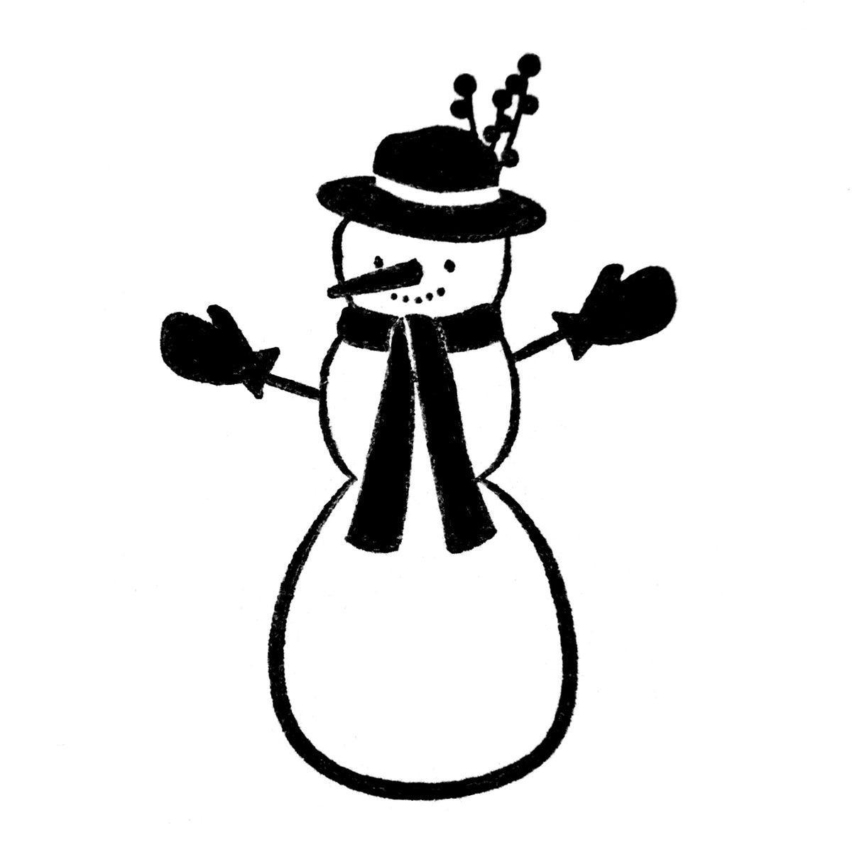 Eine schlichte Schwarz-Weiß-Zeichnung eines Schneemanns mit verziertem Hut, Schal und Fäustlingen – mit einer Karottennase, gepunkteten Augen und Knöpfen – macht den „Stempel Schneemann“ von Artoz Papier AG zur perfekten Ergänzung für Ihre Bastelbedarf-Sammlung.