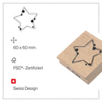 Ein 60 x 60 mm großer, FSC-zertifizierter Stempel „Stern“ von Artoz Papier AG, der einen Stern mit verstreuten schwarzen Punkten zeigt und neben dem damit gestempelten Sternmotiv abgebildet ist, versehen mit der Aufschrift „Swiss Design“.