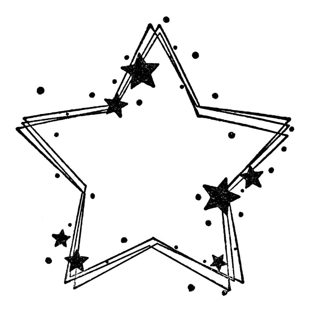 Ein großes, konturiertes „Stempel Stern“-Motiv von Artoz Papier AG besteht aus drei sich überlappenden Bordüren und einem leeren Mittelbereich, umgeben von mehreren kleinen, vollständig schwarzen Sternen und vereinzelten Punkten an den Rändern – ideal für Bastelprojekte oder als einzigartige Ergänzung Ihrer Bastelsammlung.
