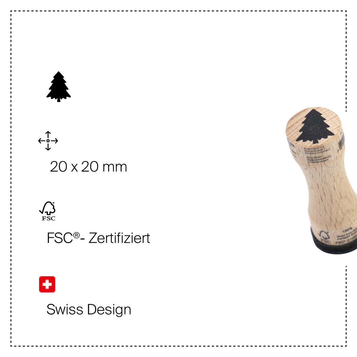 Wir stellen Ihnen den „Stempel Tannenbaum klein“ von Artoz Papier AG vor – einen hochwertigen Stempel aus FSC®-zertifiziertem Stempel-Holz mit einem bezaubernden Tannenbaum-Motiv, einer Stempelgröße von 20 × 20 mm und dem „Swiss Design“-Label, der sich ideal für all Ihre DIY-Bastelprojekte eignet.