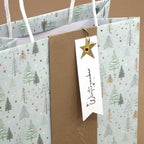 Ce sac cadeau proposé par Artoz Papier AG, orné d'un motif de sapin d'hiver (Tannenbaum Motiv) avec une bande marron et une étiquette blanche décorée d'une étoile dorée portant l'inscription « Winterzauber », est parfait pour rehausser vos projets de scrapbooking ou vous inspirer pour votre prochaine création « Stempel Winterzauber ».