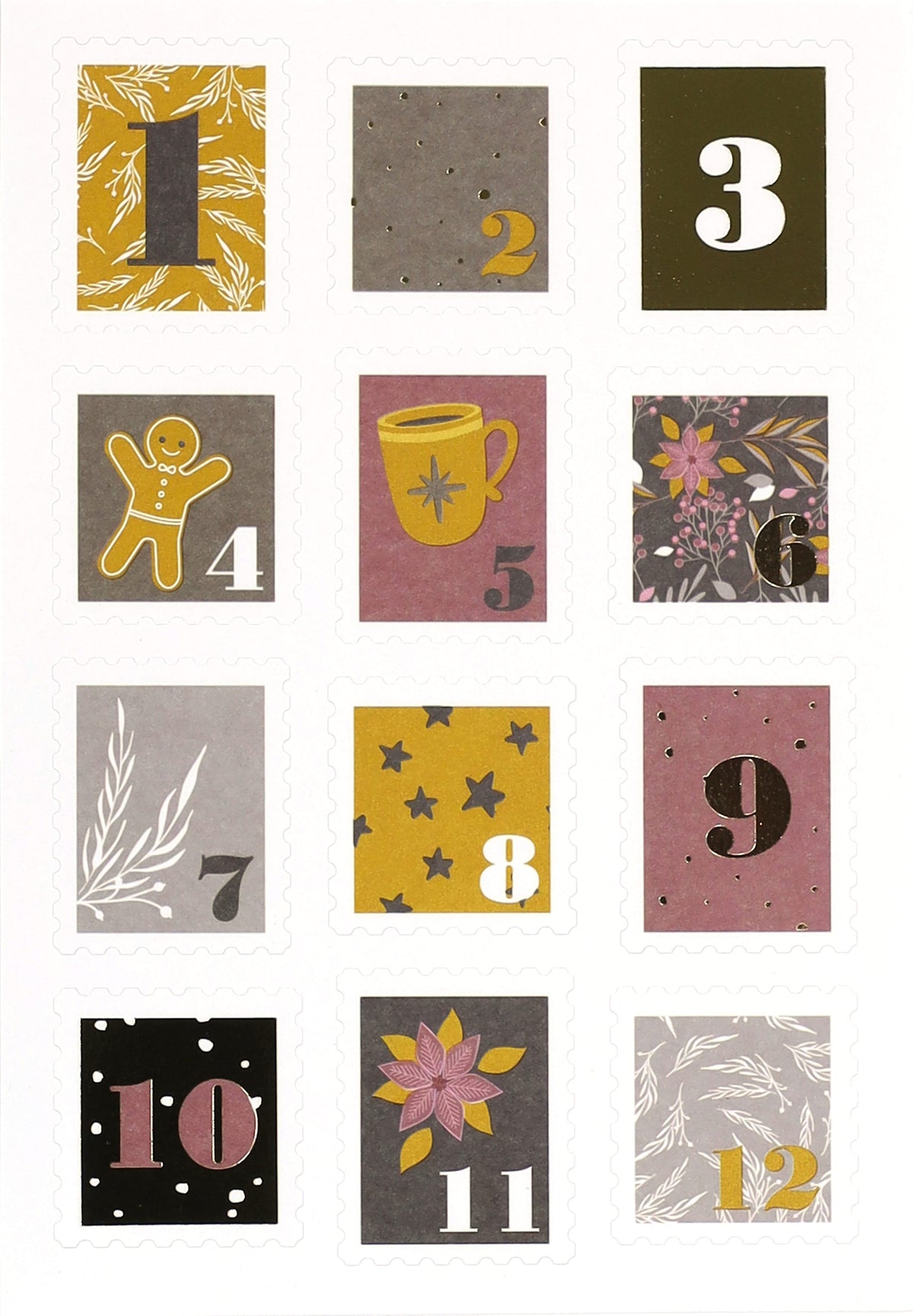 Cette feuille haute en couleur composée de vingt-quatre carrés colorés, de style timbre-poste (« Briefmarkenform »), proposée par Artoz Papier AG, est numérotée de 1 à 24. Chaque carré présente des motifs festifs de Noël, tels que des biscuits au pain d'épices, des tasses, des étoiles, des fleurs et des feuilles, sur des arrière-plans variés. L'autocollant de l'Avent 1-24 « Briefmarkenform » d'Artoz est idéal pour décorer vos cadeaux et apporter une touche joyeuse à vos présents de fin d'année.