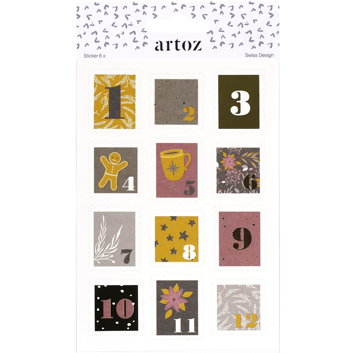 Une feuille de vingt-quatre autocollants rectangulaires de l'Avent, de style timbre, numérotés de 1 à 24 et ornés de motifs festifs et floraux — parfaits pour décorer des cadeaux. Le nom de la marque « Artoz Papier AG » est imprimé en haut de la feuille.