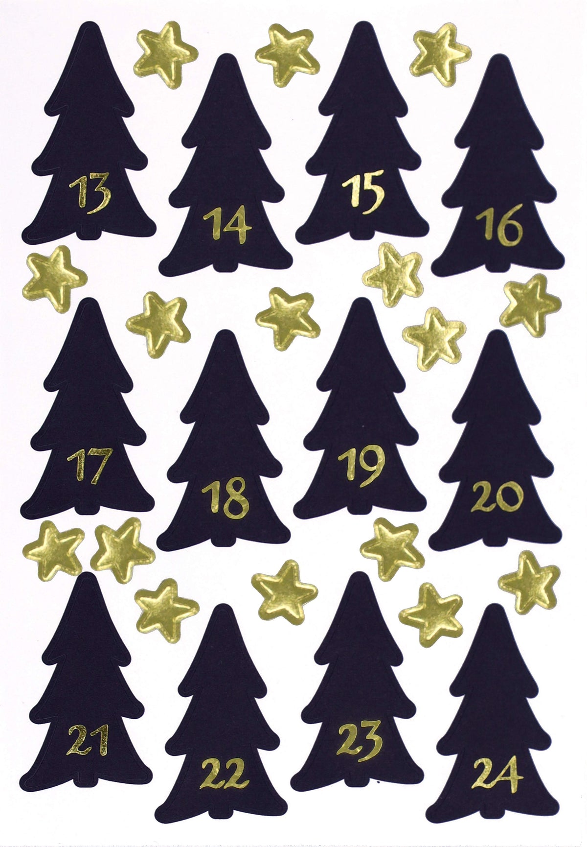 Des formes de sapins de Noël noirs numérotées de 13 à 24 et des étoiles dorées sont disposées en damier sur un fond blanc, composant la collection « Artoz Sticker Advent Tannenbaum 1-24 » d’Artoz Papier AG — un choix idéal pour les décorations à réaliser soi-même ou pour emballer des cadeaux pendant les fêtes de fin d’année.