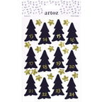 Feuille d'autocollants représentant des sapins de Noël noirs numérotés de 13 à 24 en doré et ornés d'étoiles dorées — idéale pour les loisirs créatifs et parfaite pour compléter le coffret « Artoz Sticker Advent Tannenbaum 1-24 ». Le nom de la marque Artoz Papier AG figure en haut, accompagné des mentions « Swiss Design » et « Sticker 6x », ce qui fait de ces autocollants une option élégante pour une décoration créative de vos cadeaux.