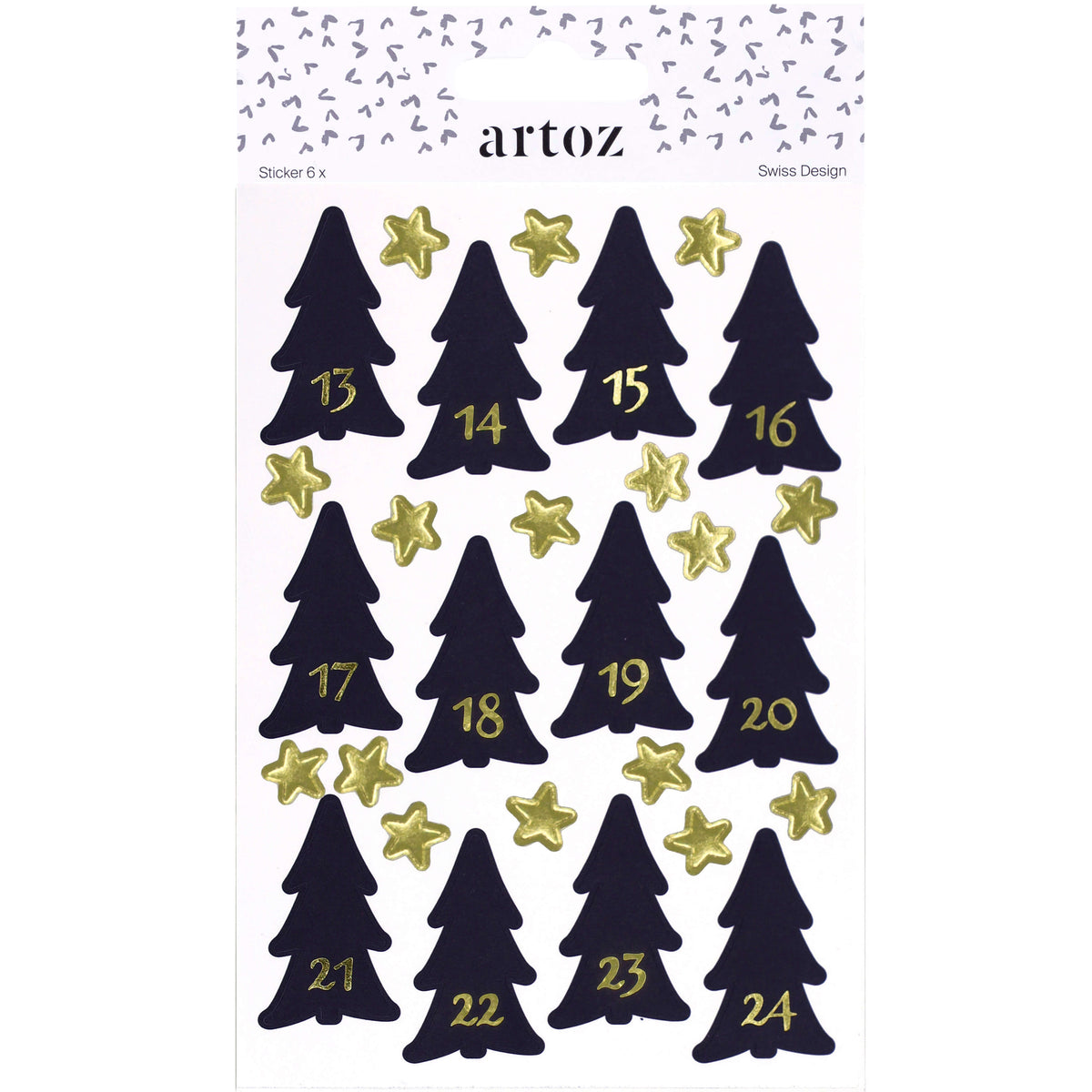 Feuille d'autocollants représentant des sapins de Noël noirs numérotés de 13 à 24 en doré et ornés d'étoiles dorées — idéale pour les loisirs créatifs et parfaite pour compléter le coffret « Artoz Sticker Advent Tannenbaum 1-24 ». Le nom de la marque Artoz Papier AG figure en haut, accompagné des mentions « Swiss Design » et « Sticker 6x », ce qui fait de ces autocollants une option élégante pour une décoration créative de vos cadeaux.