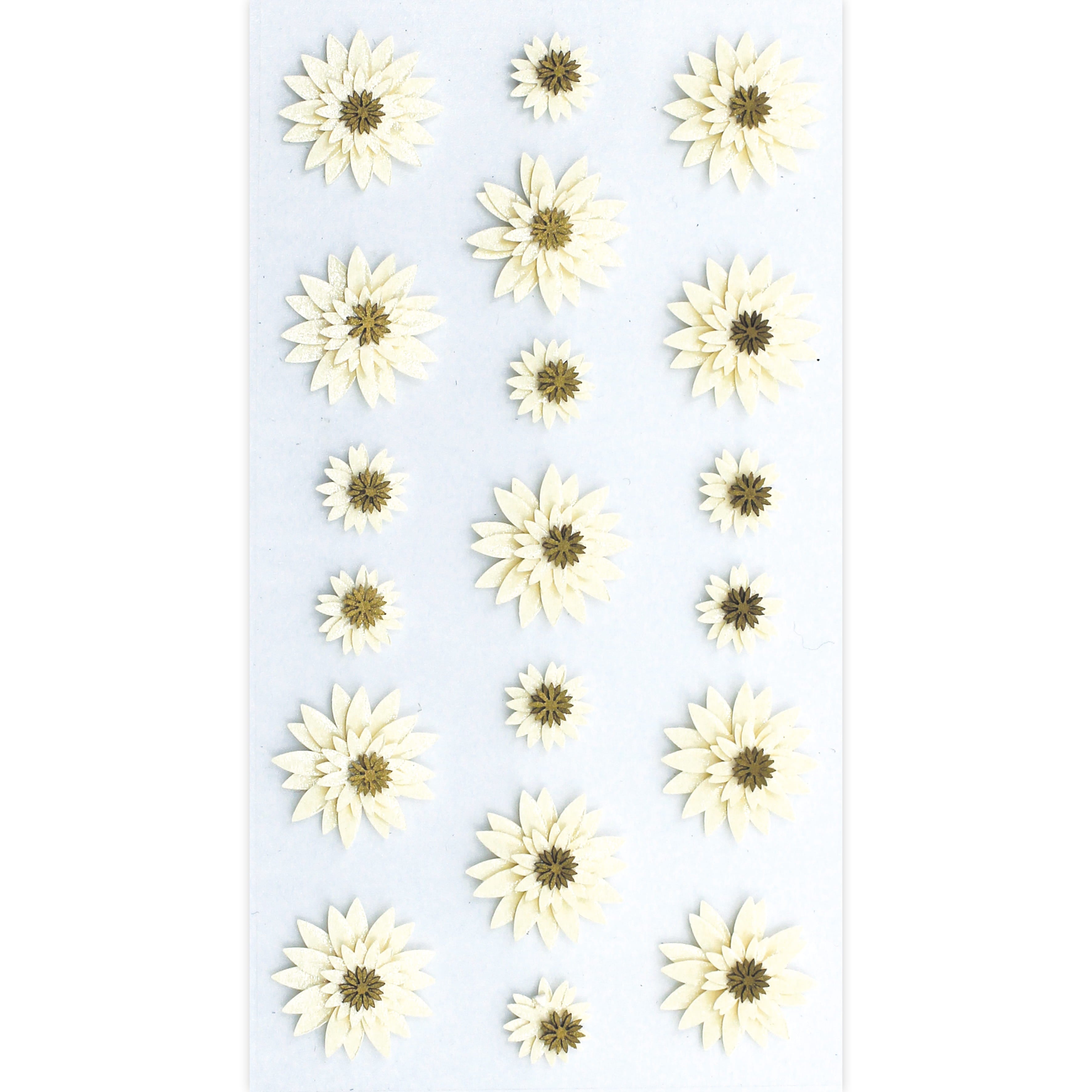 L'autocollant 3D "Blume creme" d'Artoz Papier AG Artoz présente 24 petites fleurs de couleur crème avec un centre jaune, soigneusement disposées. Il est idéal pour ajouter le charme du design suisse aux travaux manuels ou comme autocollants décoratifs délicats.