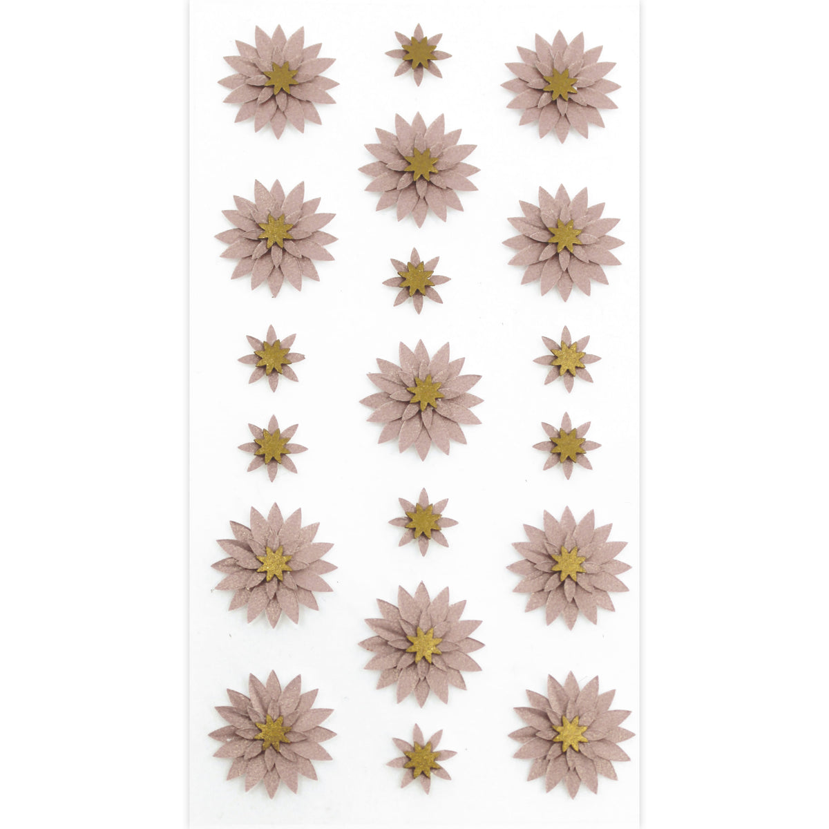 Die 20 Artoz 3D Sticker "Blume rose" der Artoz Papier AG zeigen auf weißem Hintergrund in fünf Reihen übereinander angeordnete staubrosa Blütenblätter und gelbe Zentren, die ein zartes, handgefertigtes florales Aussehen ergeben.