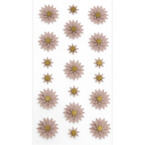 Die 20 Artoz 3D Sticker "Blume rose" der Artoz Papier AG zeigen auf weißem Hintergrund in fünf Reihen übereinander angeordnete staubrosa Blütenblätter und gelbe Zentren, die ein zartes, handgefertigtes florales Aussehen ergeben.