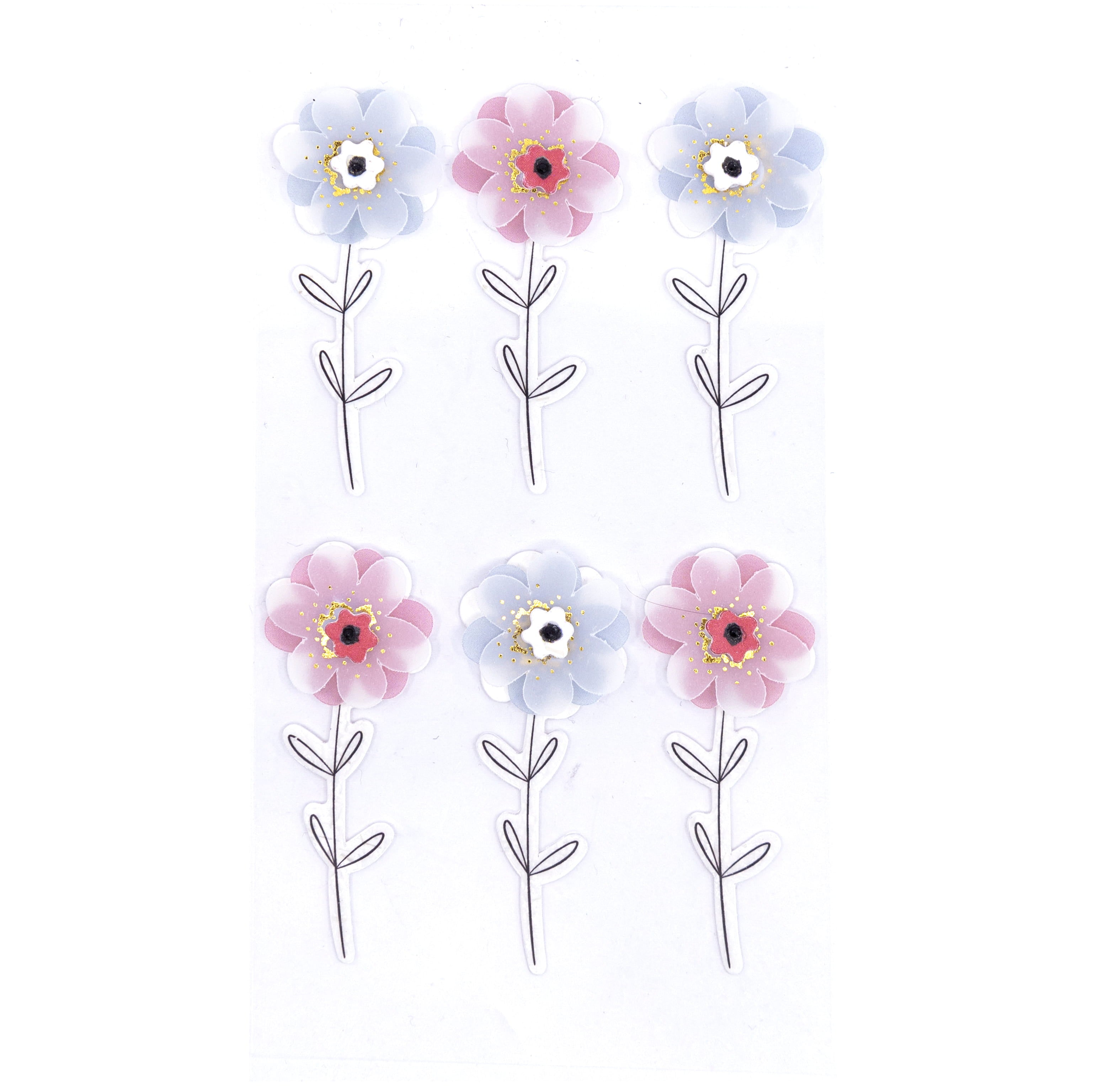 Six autocollants Artoz 3D "Blume" d'Artoz Papier AG, disposés en deux rangées de trois, présentent des pétales roses ou bleus, des centres jaunes et des tiges/feuilles noires et blanches sur un fond blanc.