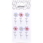 Un paquet de six Artoz 3D Sticker "Blume" d'Artoz Papier AG, représentant trois fleurs roses et trois fleurs bleues superposées avec des tiges noires sur un fond blanc décoré de petits cœurs noirs.
