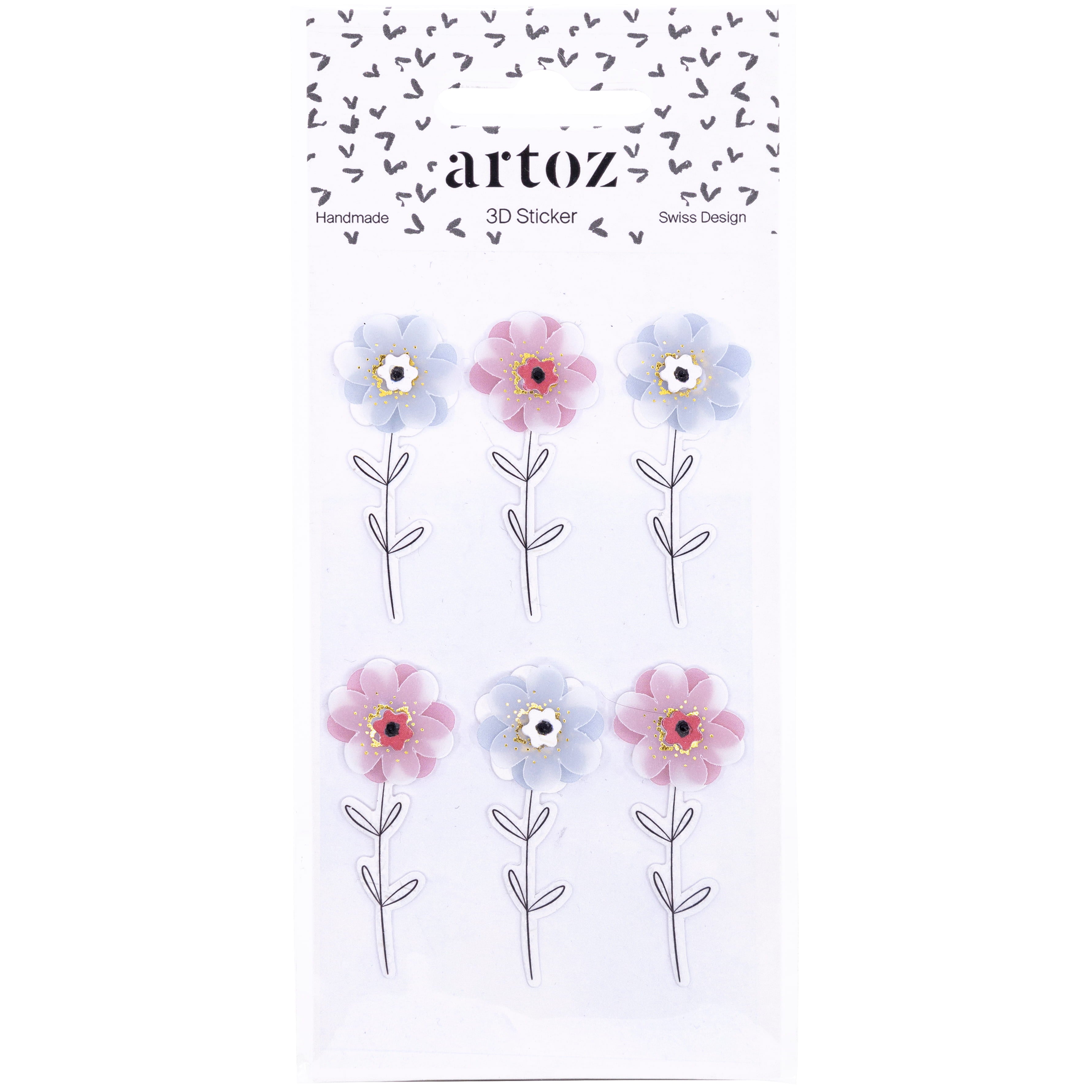 Un paquet de six Artoz 3D Sticker "Blume" d'Artoz Papier AG, représentant trois fleurs roses et trois fleurs bleues superposées avec des tiges noires sur un fond blanc décoré de petits cœurs noirs.