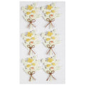 Six "Artoz 3D Sticker Blumenstrauss" d'Artoz Papier AG, disposés en deux colonnes sur fond blanc, chacun avec des fleurs jaunes, des feuilles vertes et un nœud marron - parfaits comme accents d'autocollants 3D dans un design suisse authentique.