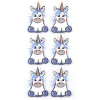 Six Artoz 3D Sticker "Einhorn" blau d'Artoz Papier AG, représentant des licornes à la crinière bleue, aux cornes orange et aux sabots bleus, sont disposés en deux colonnes et trois rangées sur un fond blanc. Les licornes ont de grands yeux et de petits sourires.