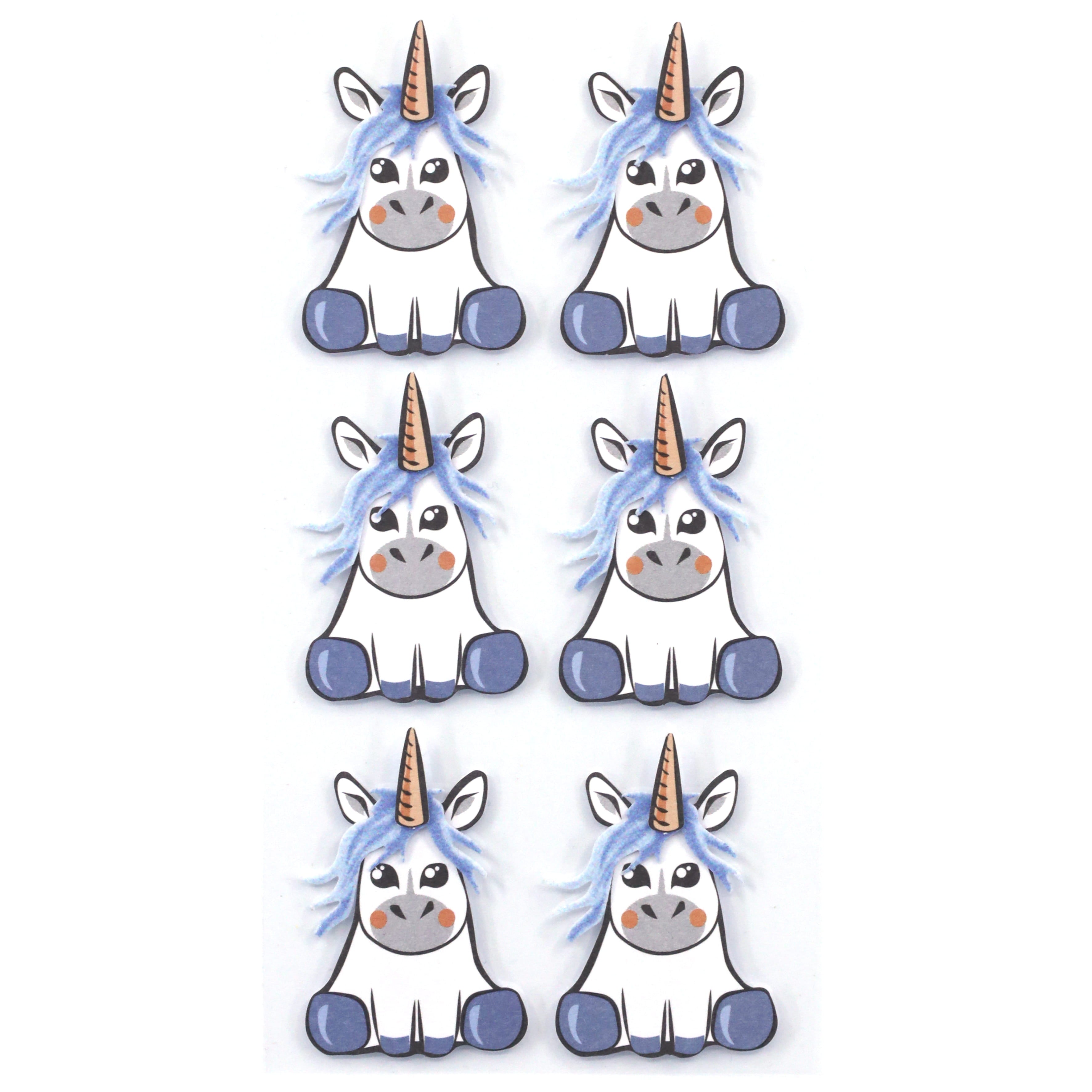 Six Artoz 3D Sticker "Einhorn" blau d'Artoz Papier AG, représentant des licornes à la crinière bleue, aux cornes orange et aux sabots bleus, sont disposés en deux colonnes et trois rangées sur un fond blanc. Les licornes ont de grands yeux et de petits sourires.