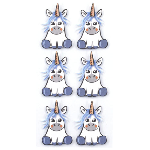 Six Artoz 3D Sticker "Einhorn" blau d'Artoz Papier AG, représentant des licornes à la crinière bleue, aux cornes orange et aux sabots bleus, sont disposés en deux colonnes et trois rangées sur un fond blanc. Les licornes ont de grands yeux et de petits sourires.
