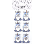 Une feuille de six Artoz 3D Sticker "Einhorn" blau d'Artoz Papier AG représente des licornes aux sabots bleus, à la crinière bleu clair et aux cornes dorées en deux colonnes sur fond blanc avec des cœurs noirs.