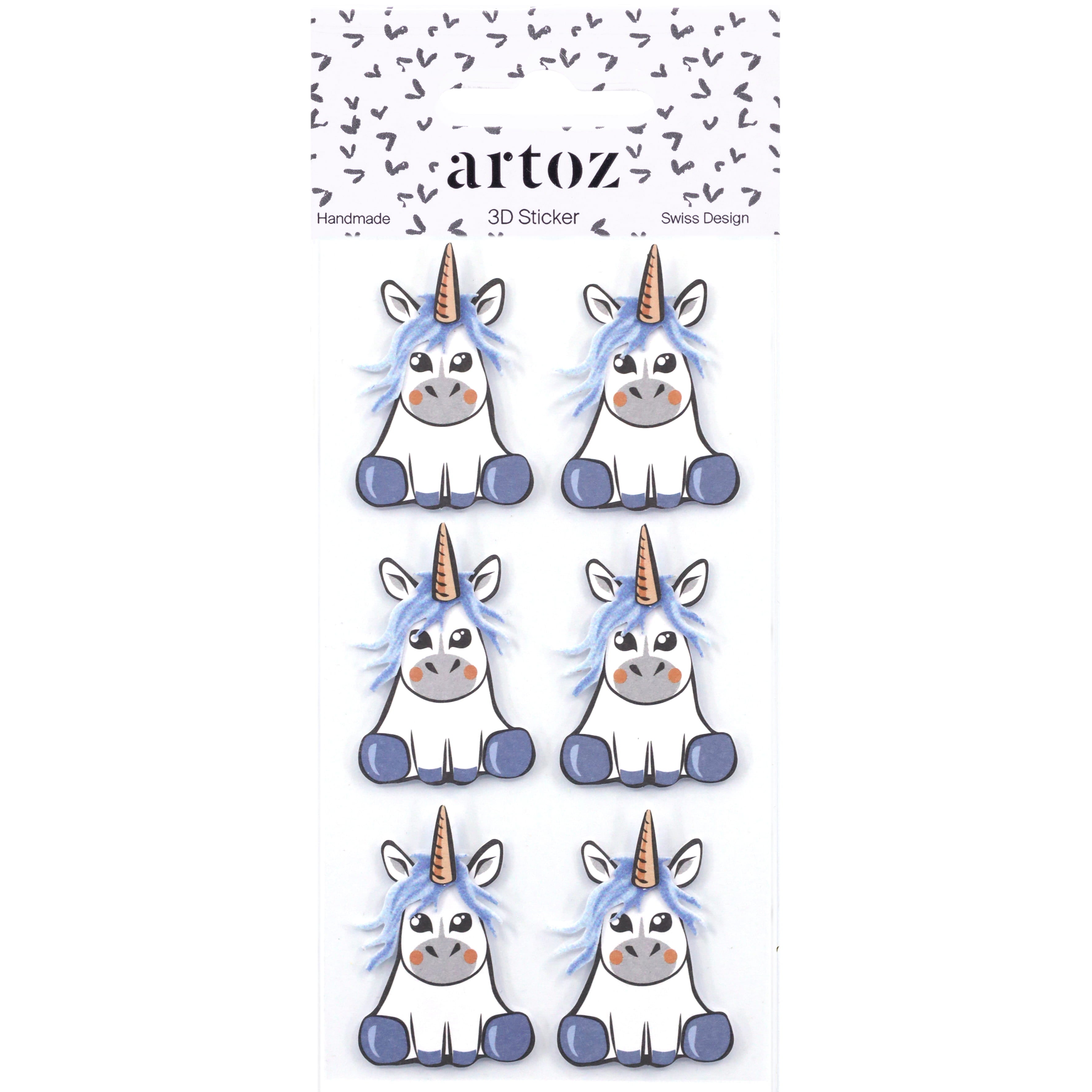 Une feuille de six Artoz 3D Sticker "Einhorn" blau d'Artoz Papier AG représente des licornes aux sabots bleus, à la crinière bleu clair et aux cornes dorées en deux colonnes sur fond blanc avec des cœurs noirs.